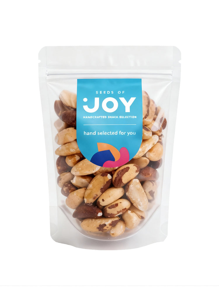 Seeds of Joy Natural Baked Brazil Nuts front packaging. Hand selected for you. Best in Singapore!