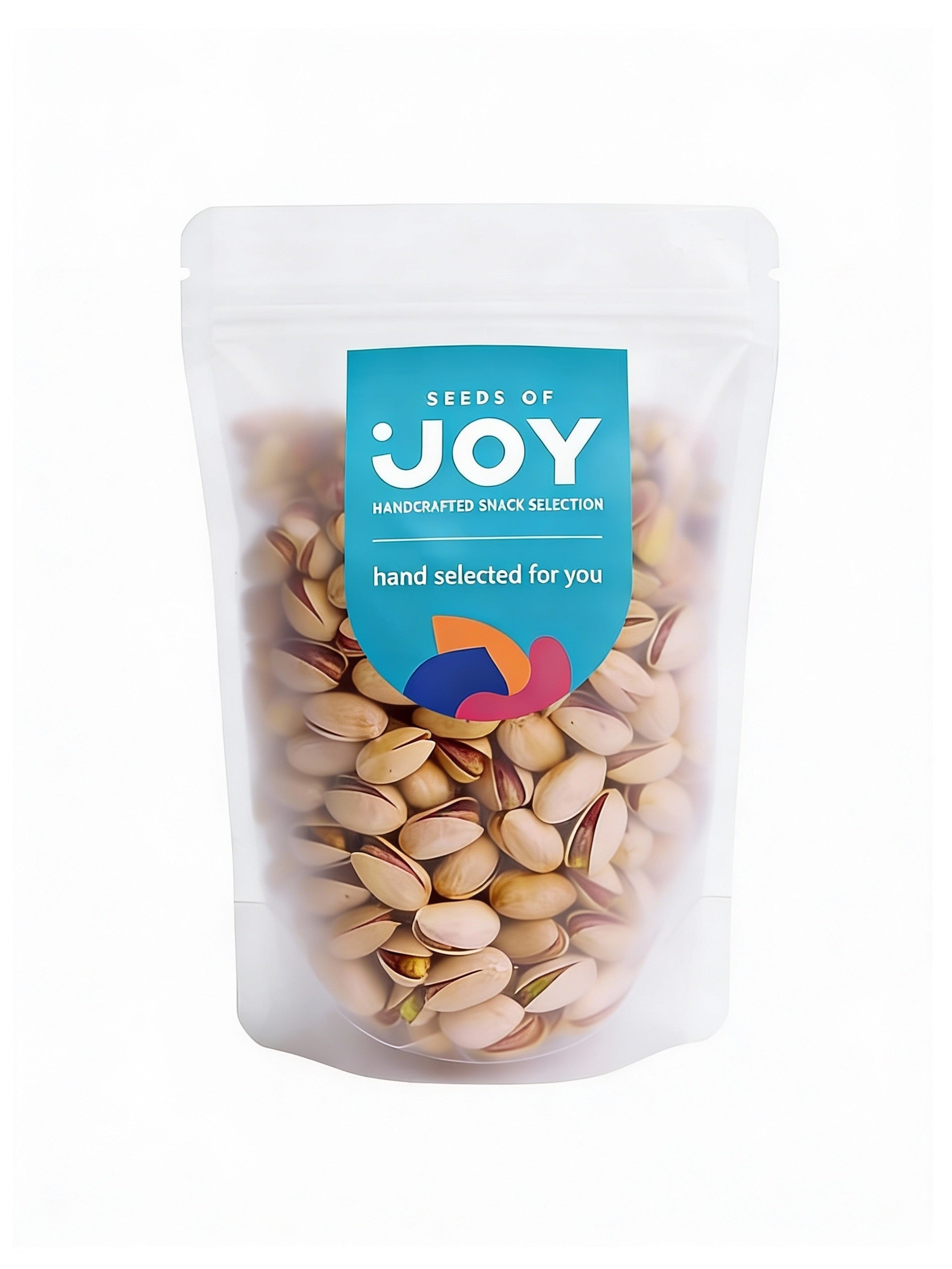 Seeds of Joy Natural Baked Pistachios front packaging. Hand selected for you!