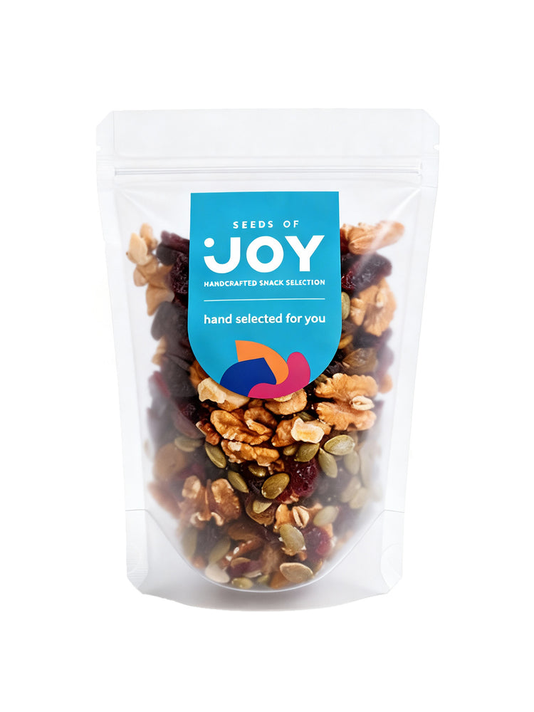 Seeds of Joy Omega ALA Mix front packaging. Hand selected for you. Perfect to add in your cheese board for gatherings with family and friends!