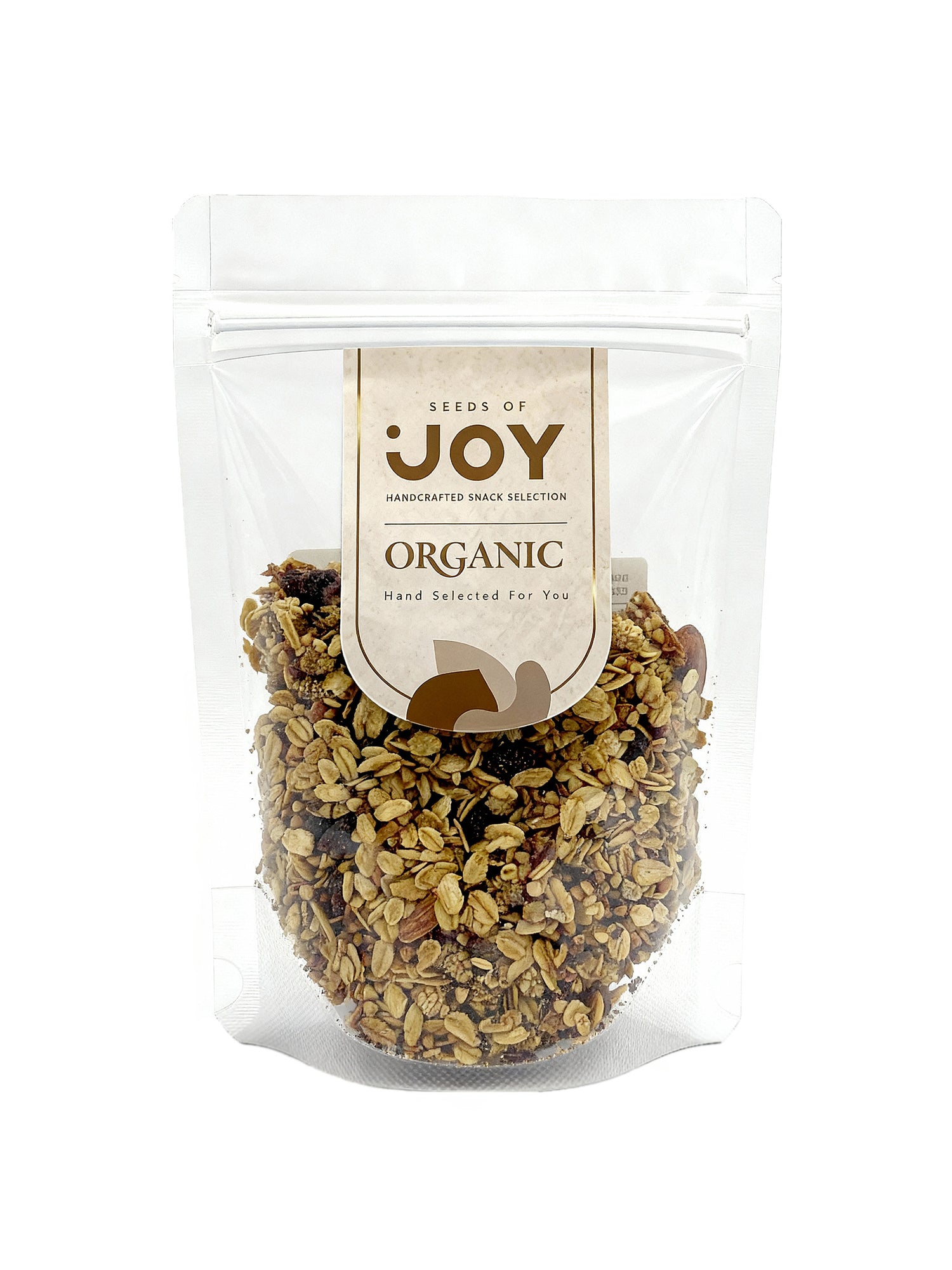 Seeds of Joy Organic Buckwheat Coconut Granola front packaging. Hand selected for you. Perfect for snacks or toppings.