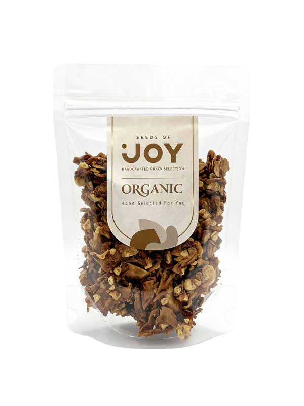 Seeds of Joy Organic Cashew Coconut Clusters front packaging. Hand selected for you. Delicious! The best option for your breakfast toppings.