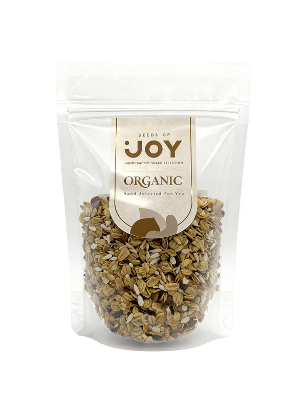 Seeds of Joy Organic Cinnamon Cashew Granola front packaging. Hand selected for you. Delicious!