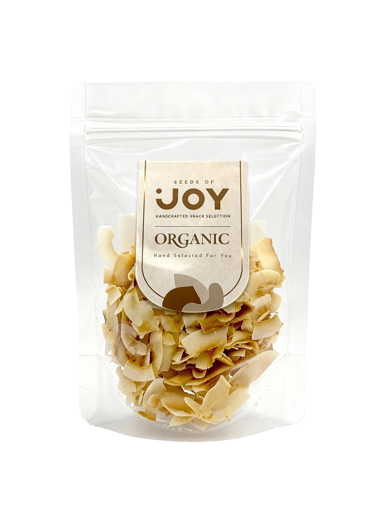 Seeds of Joy Organic Coconut Chips front packaging. Hand selected for you. Delicious! Perfect for snacks or toppings.