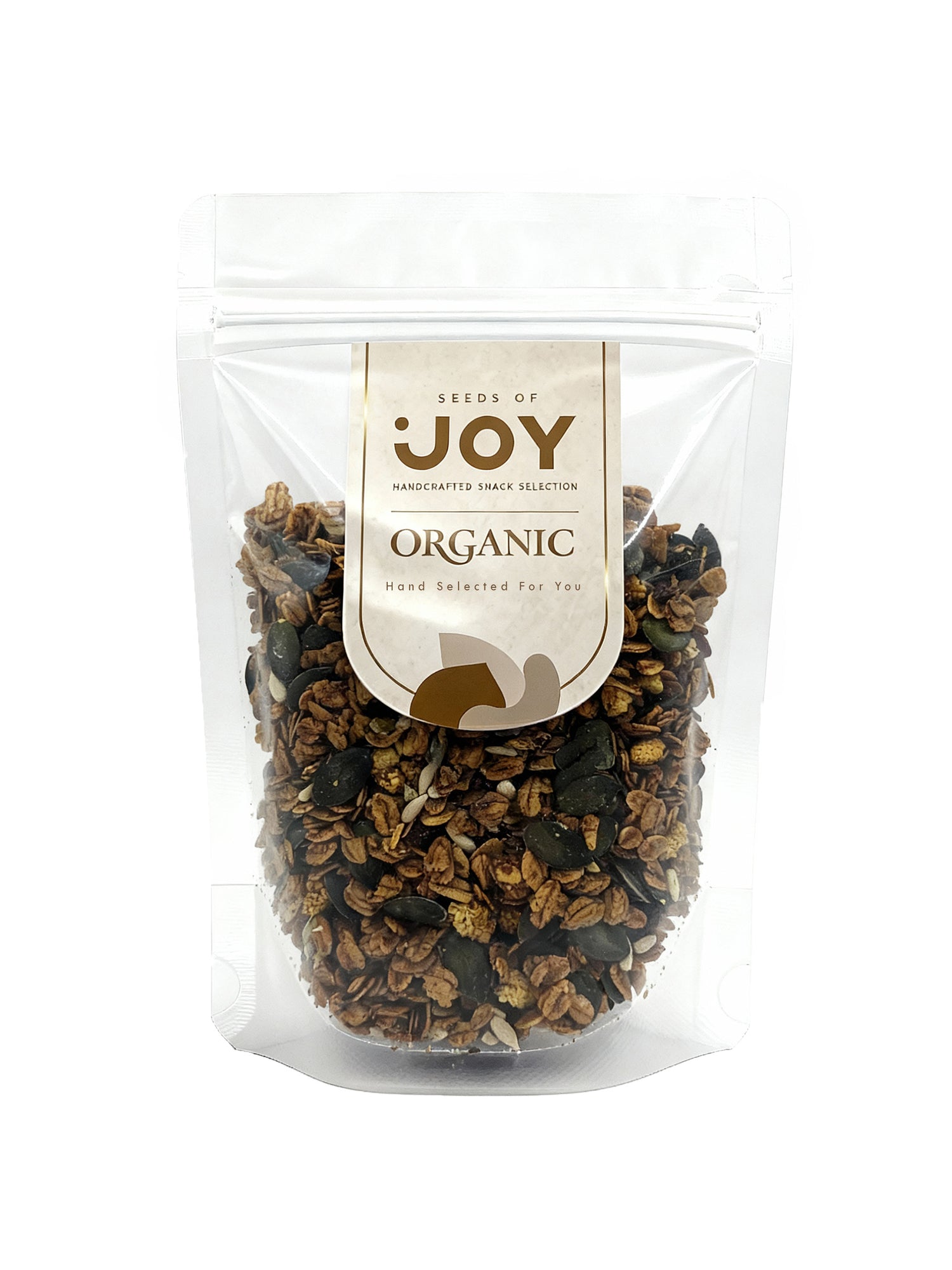 Seeds of Joy Organic Dark Chocolate Granola with Mulberries front packaging. Hand selected for you.