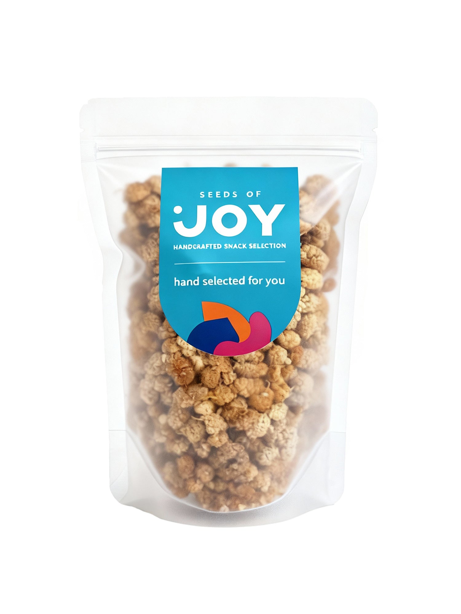 Seeds of Joy Organic Dried White Mulberry front packaging. Hand selected for you! Ideal for topping your breakfast bowls!