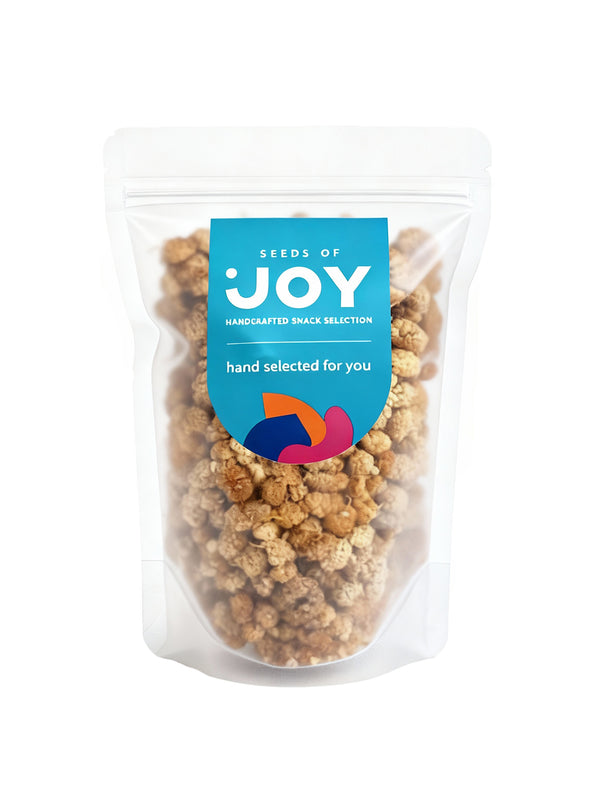 Seeds of Joy Organic Dried White Mulberry front packaging. Hand selected for you! Ideal for topping your breakfast bowls!