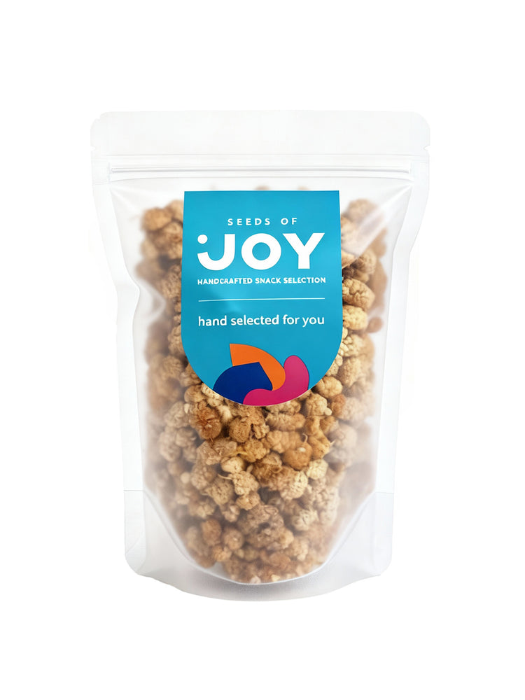 Seeds of Joy Organic Dried White Mulberry front packaging. Hand selected for you! Ideal for topping your breakfast bowls!
