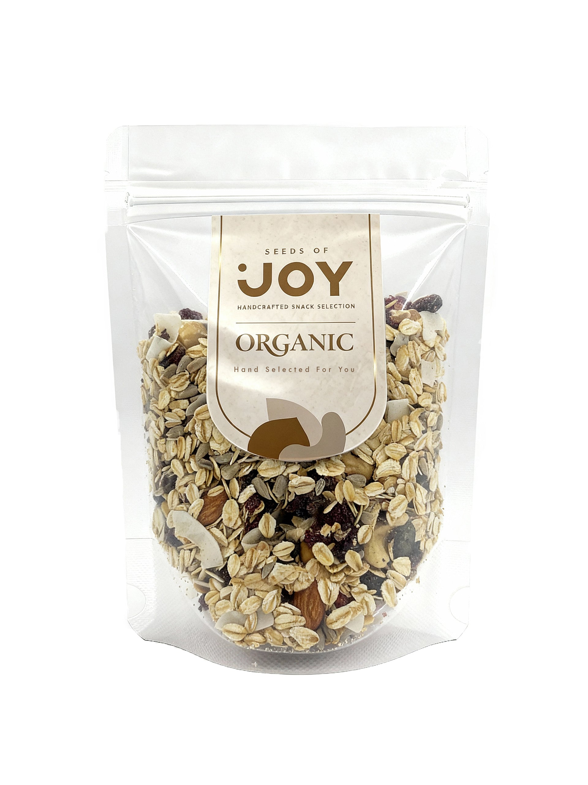 Seeds of Joy Organic Luxury Muesli with 50% Nuts and Fruits front packaging. Hand selected for you. Perfect for topping you breakfast yogurt.
