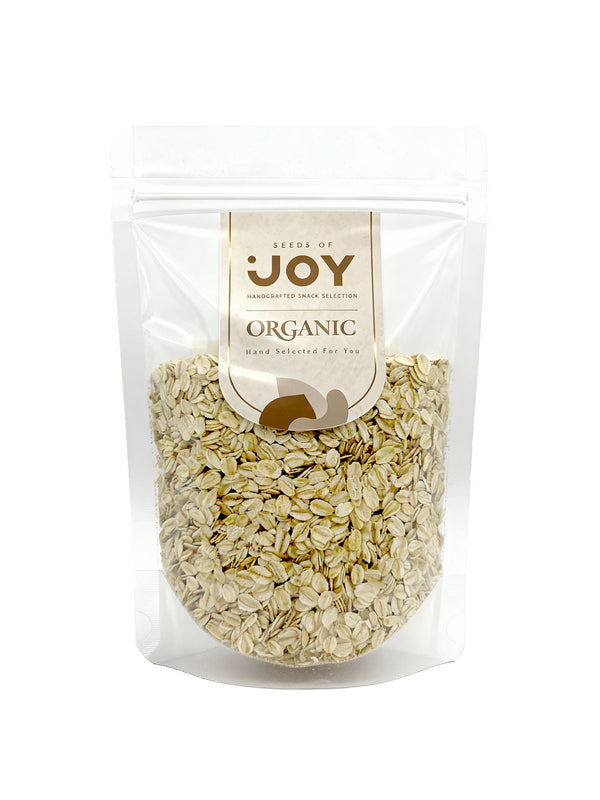Seeds of Joy Organic Rolled Oats front packaging. Hand selected for you. Ideal for morning breakfasts!