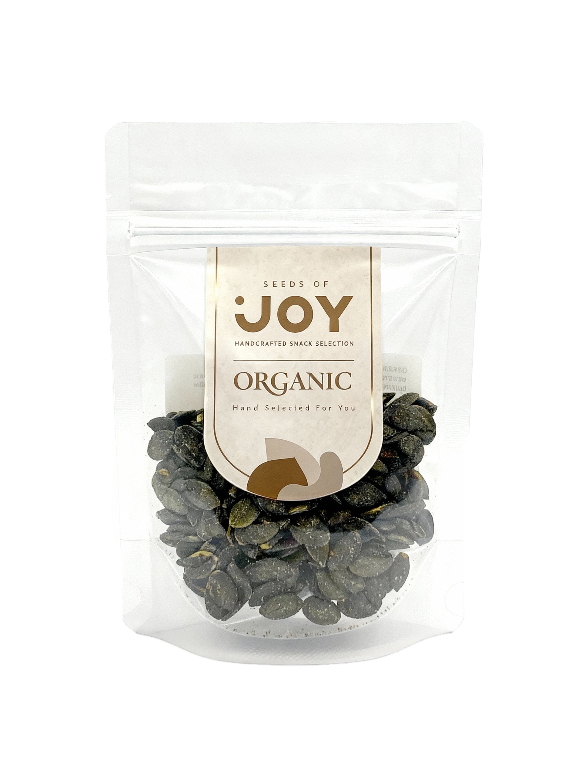 Seeds of Joy Organic Salt and Black Pepper Pumpkin Seeds front packaging. Hand selected for you. One of our best sellers!