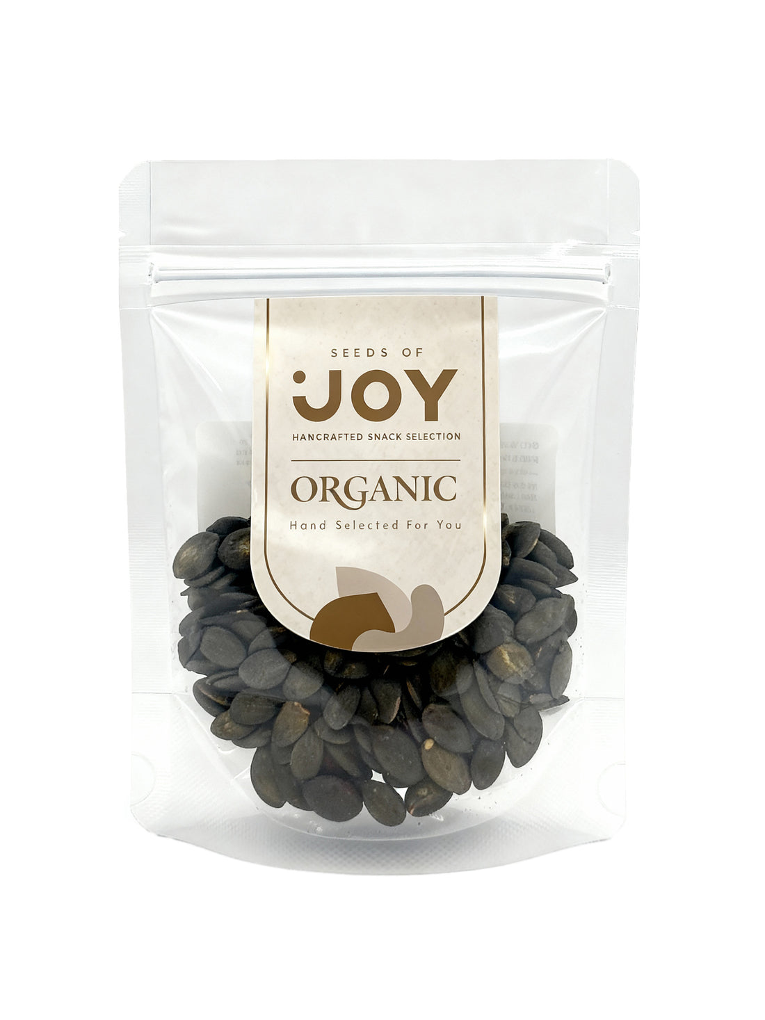 Seeds of Joy Organic Tamari Pumpkin Seeds front packaging. Hand selected for you.