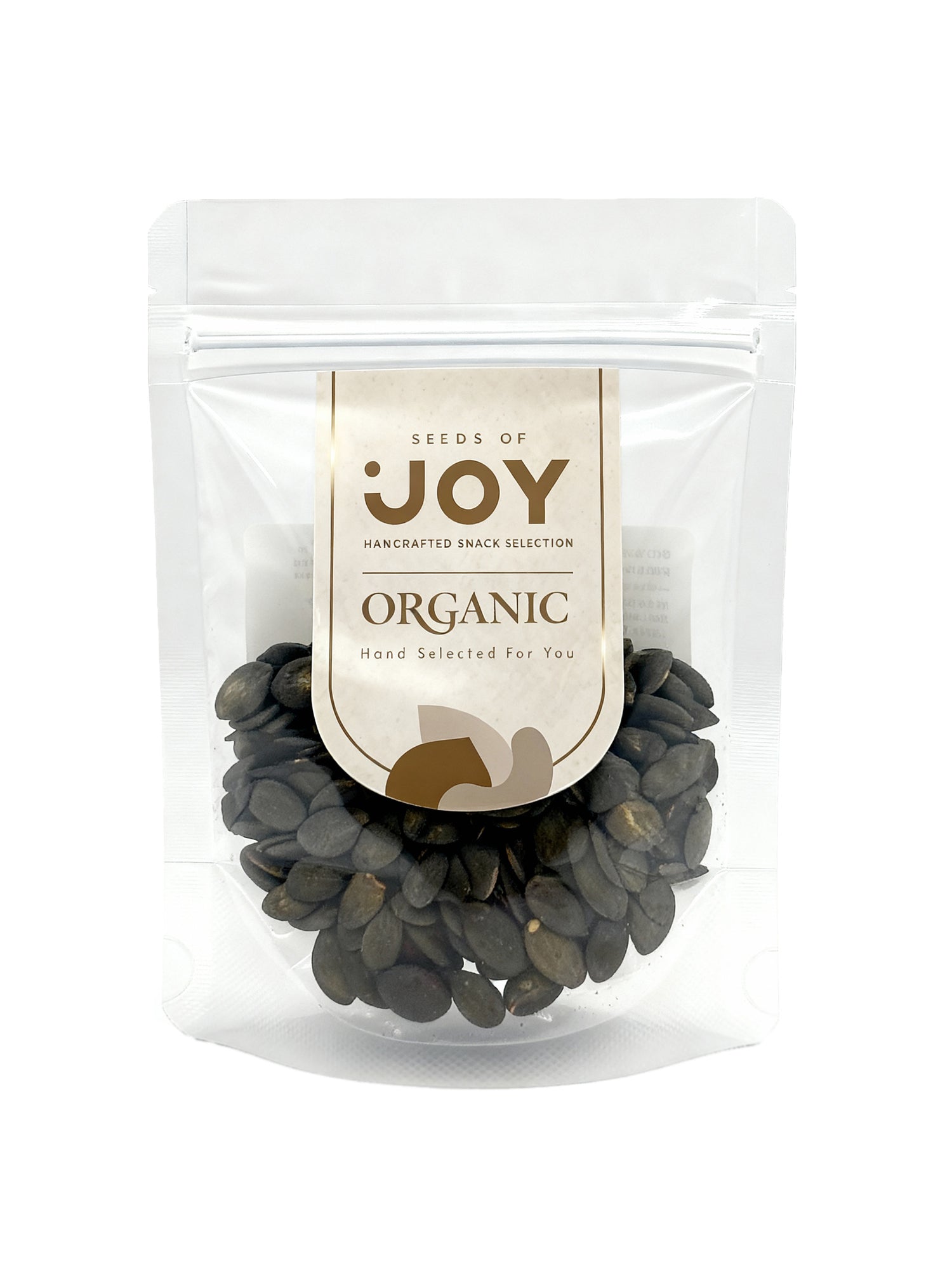 Seeds of Joy Organic Tamari Pumpkin Seeds front packaging. Hand selected for you.