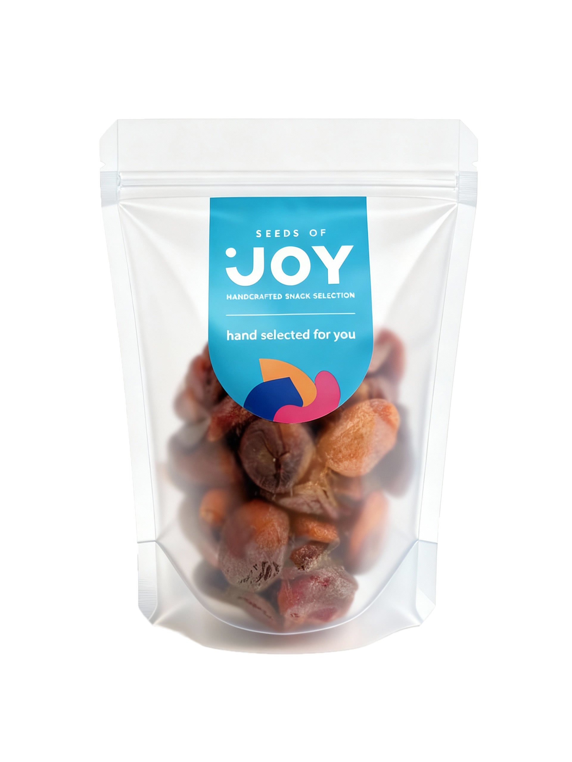 Seeds of Joy Organic Turkish Apricots front packaging. Add it to oatmeal or yogurt, or used it as a natural sweetener in baking. Hand selected for you!