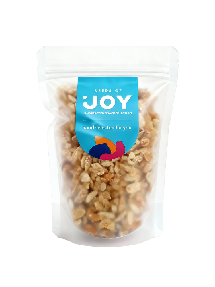 Seeds of Joy Sugar Peanuts front packagign. Delicious, perfect for snacking. Hand selected for you.