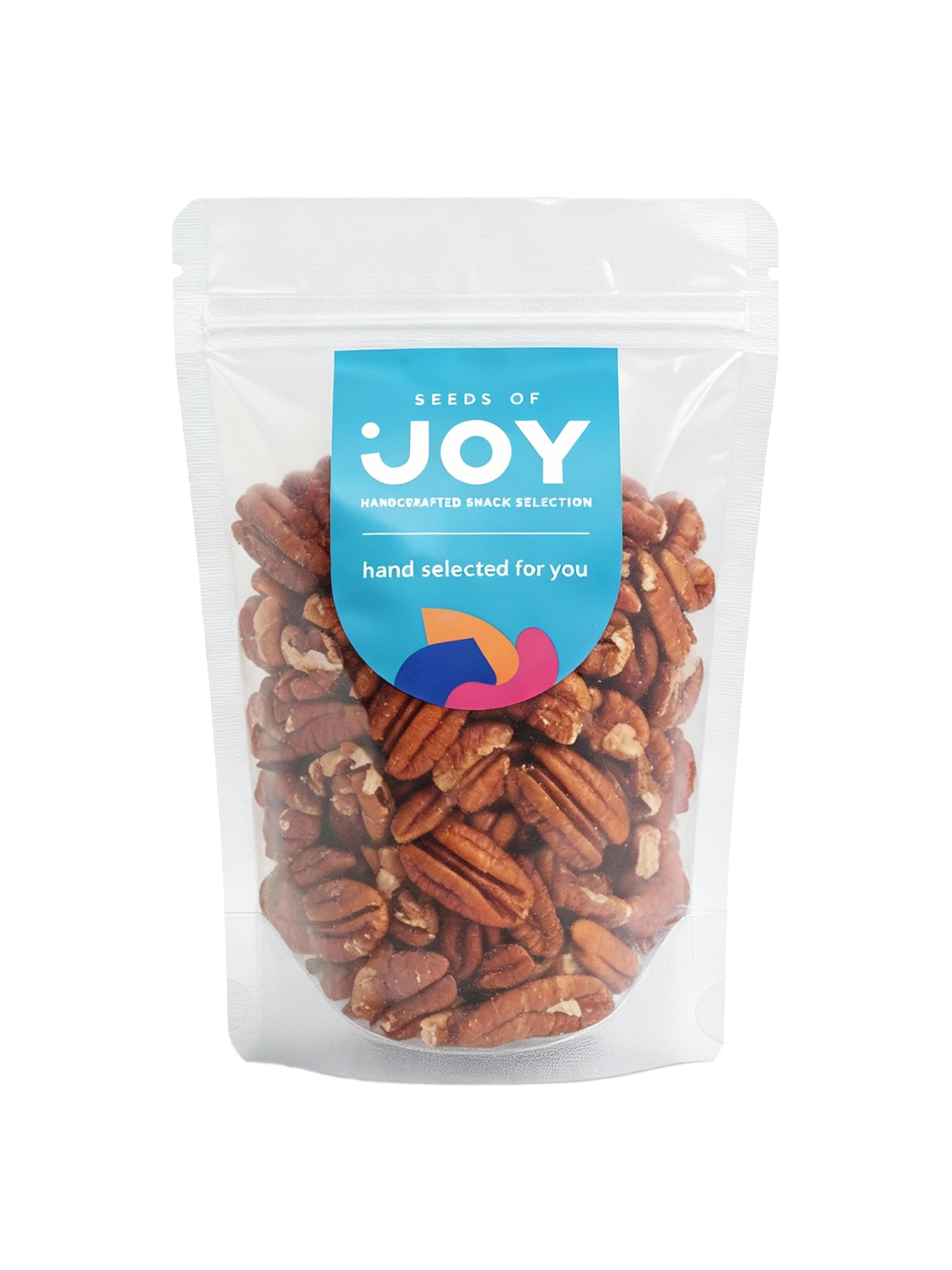 Seeds of Joy Natural Baked Pecans front packaging. Extremely good! Hand selected for you.