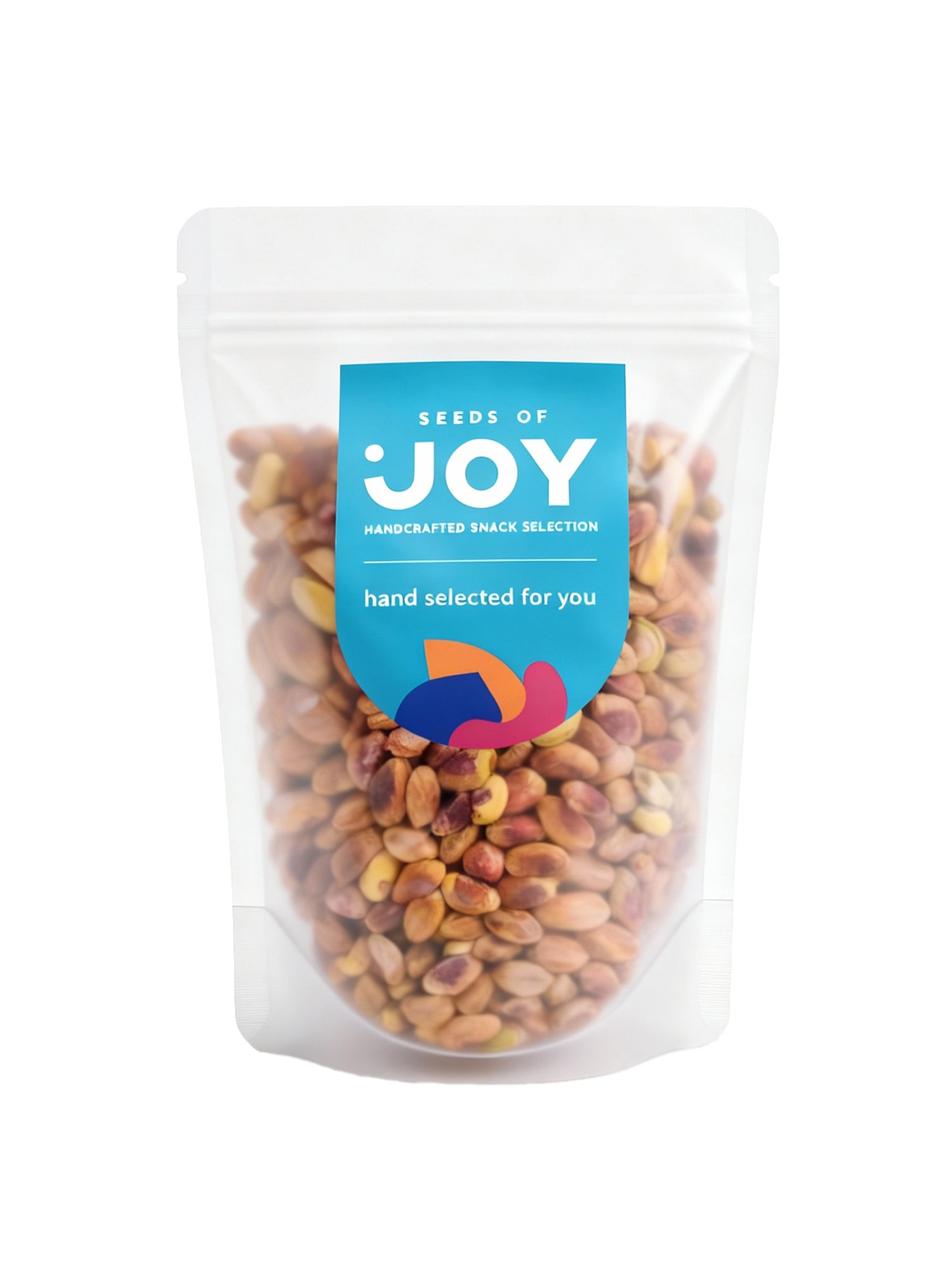 Seeds of Joy Pistachio Kernels front packaging. Hand selected for you. Ideal for baking and snacking.