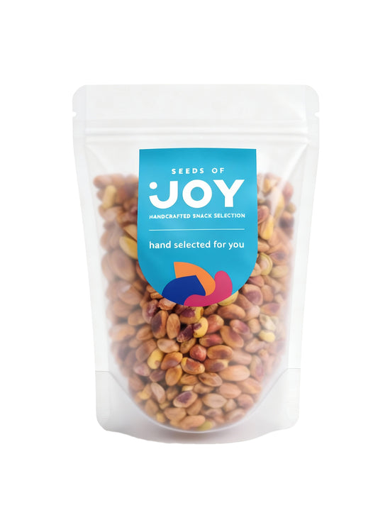 Seeds of Joy Pistachio Kernels front packaging. Hand selected for you. Ideal for baking and snacking.