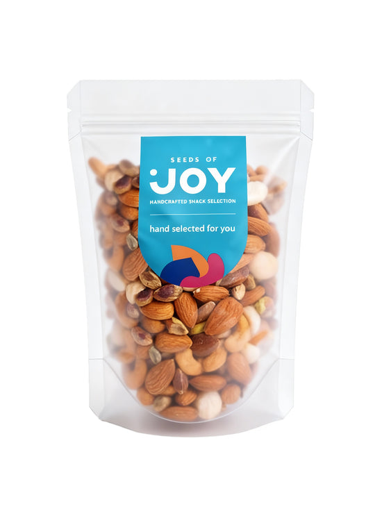 Seeds of Joy Premium Mix without Peanuts front packaging. Includes lmonds, Cashews, Macadamias, Pistachio Kernels. Hand selected for you!