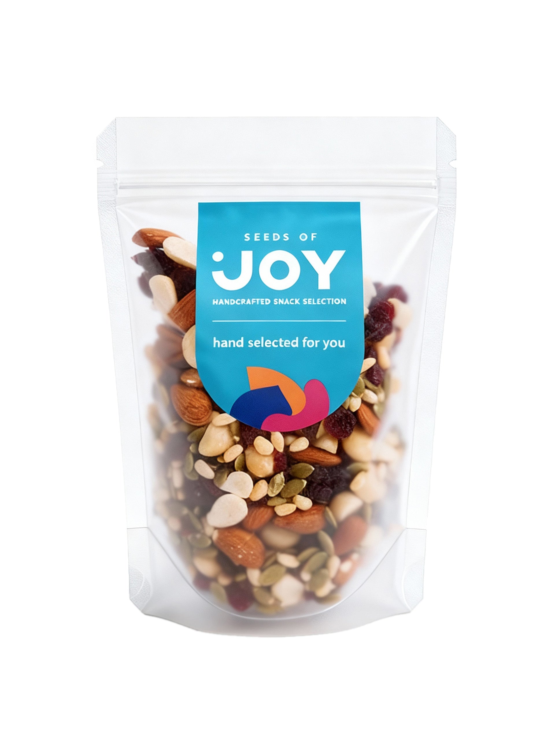 Seeds of Joy Protein Heart Mix front packaging. Hand selected for you. Ideal mix of Macadamia, Pine Nuts, Green Melon Seeds, Almonds and Dried cranberries