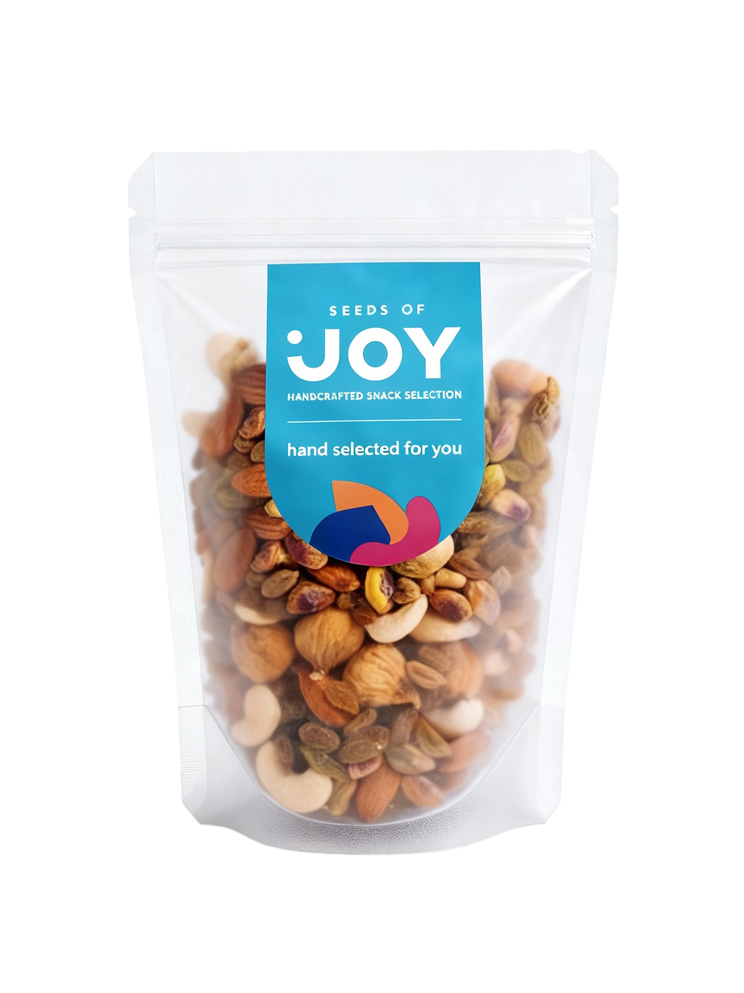 Seeds of Joy Protein Power Mix front packaging. Hand selected for you. Great mix of Figs, Raisins, Cashews, Almonds and Pistachio Kernels