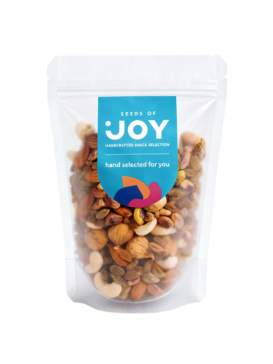 Seeds of Joy Protein Power Mix front packaging. Hand selected for you. Great mix of Figs, Raisins, Cashews, Almonds and Pistachio Kernels