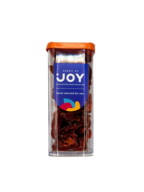 Seeds of Joy Rose Peach Plums front packaging. Hand selected for you. Delicious and perfect for snacks!