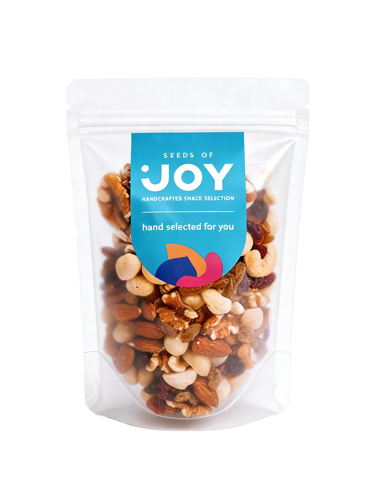 Seeds of Joy Royal Premium Mix front packaging. Smooth, crisp, and toasty. Hand selected for you.