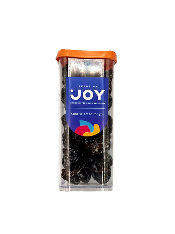 Seeds of Joy Shredded Plums front packaging. Hand selected for you. Enjoy anytime. Ideal snack!