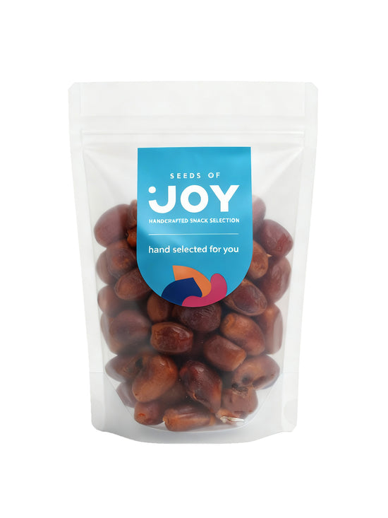 Seeds of Joy Sundried Dates front Packaging. Delicious. Perfect for celebrations! Hand selected for you.