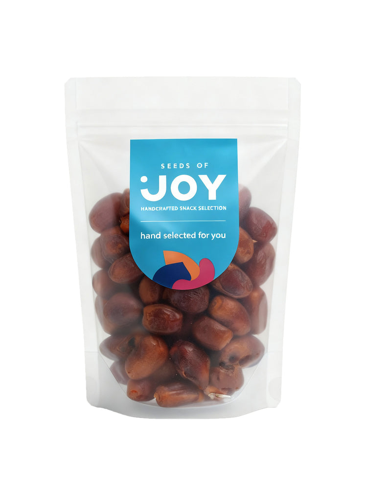 Seeds of Joy Sundried Dates front Packaging. Delicious. Perfect for celebrations! Hand selected for you.