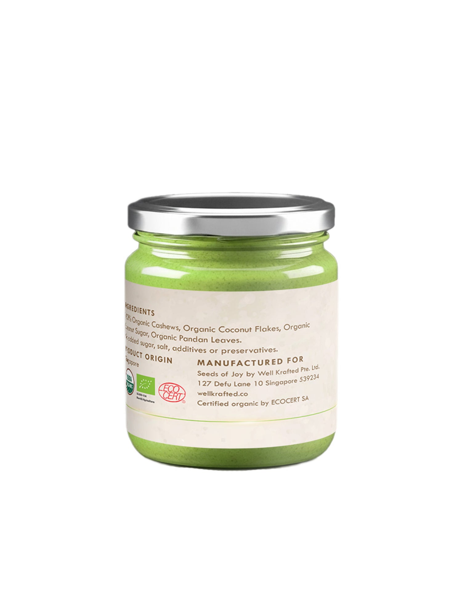 Seeds of Joy Vegan Pandan Kaya Butter Back of the jar. Product of Singapore. 100% organic ingredients