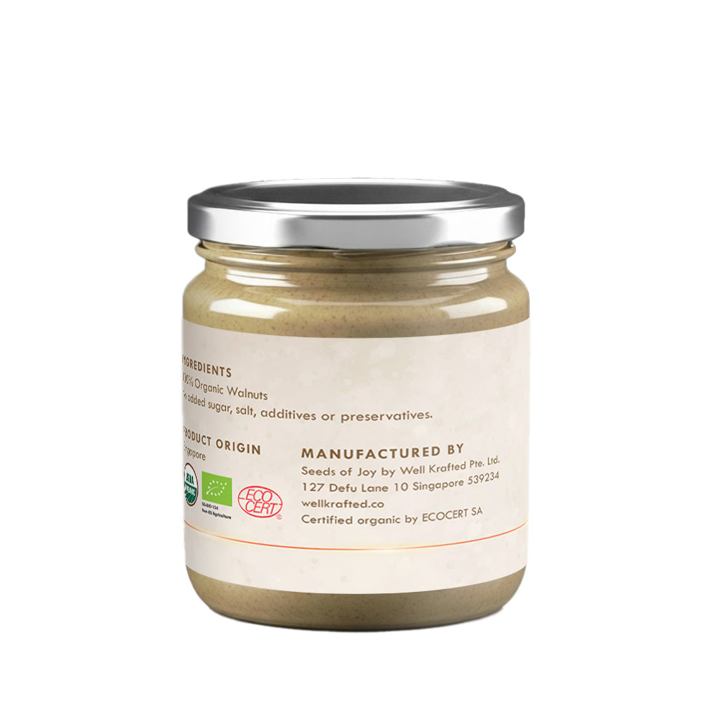 Seeds of Joy Walnut Butter back jar. Product of Singapore. Ingredients 100% organic