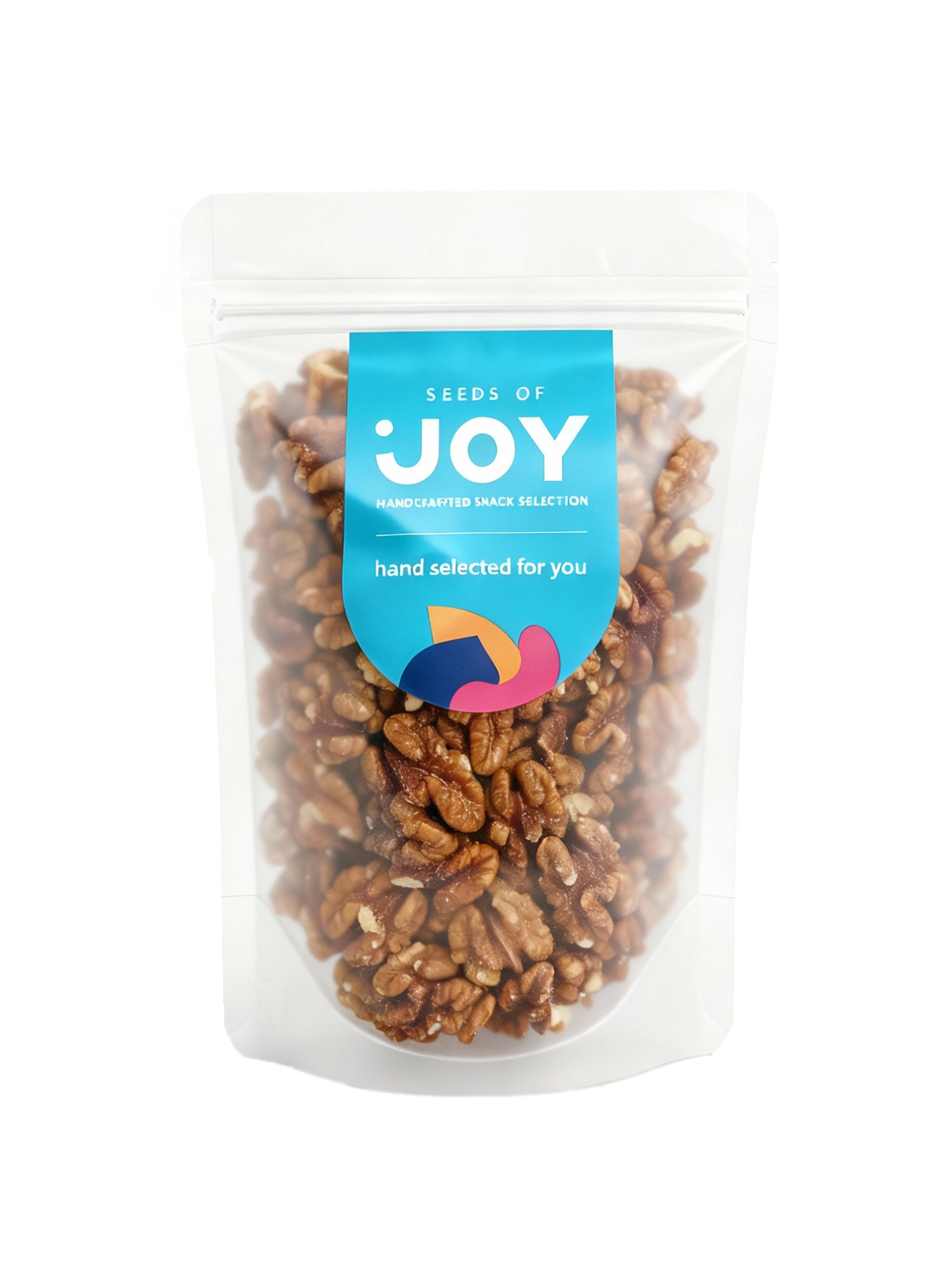 Seeds of Joy Walnuts Honey Baked front packaging. Hand selected for you.