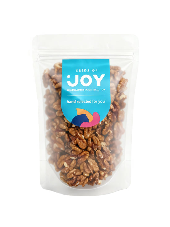 Seeds of Joy Walnuts Honey Baked front packaging. Hand selected for you.