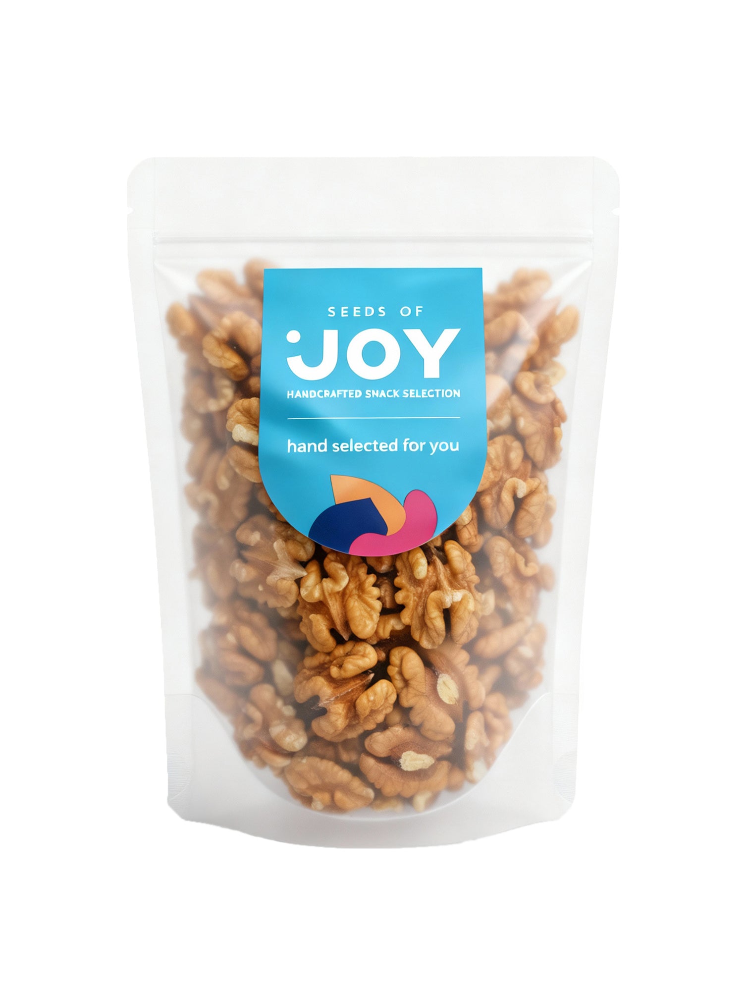 Seeds of Joy Natural Baked Walnuts front packaging. Hand selected for you. Premium and handcrafed.
